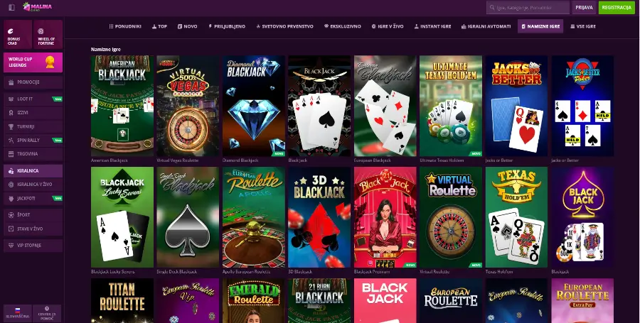 Prikaz Namiznih Iger v Malina Casino