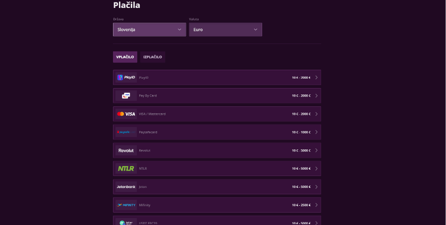 Prikaz Plačilnih Metod v Malina Casino