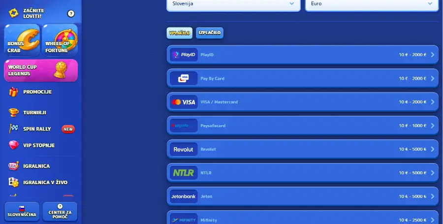Prikaz Plačilnih Metod v Pistolo Casino