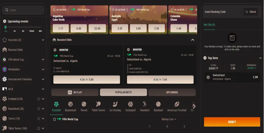 Prikaz Športne Stavnice v Neon54 Casino