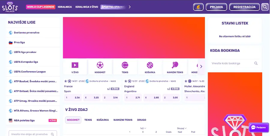Prikaz Športne Stavnice v SlotsPalace Casino