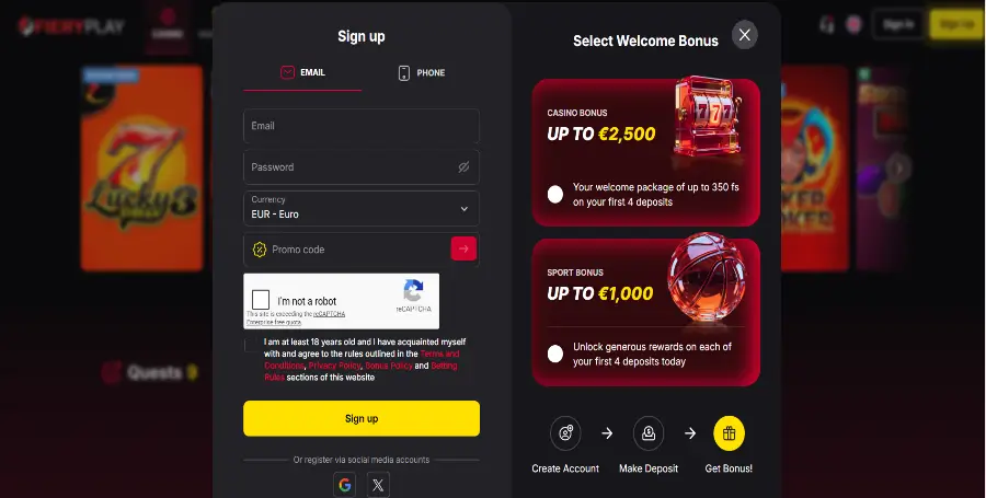 Registracija v FieryPlay Casino