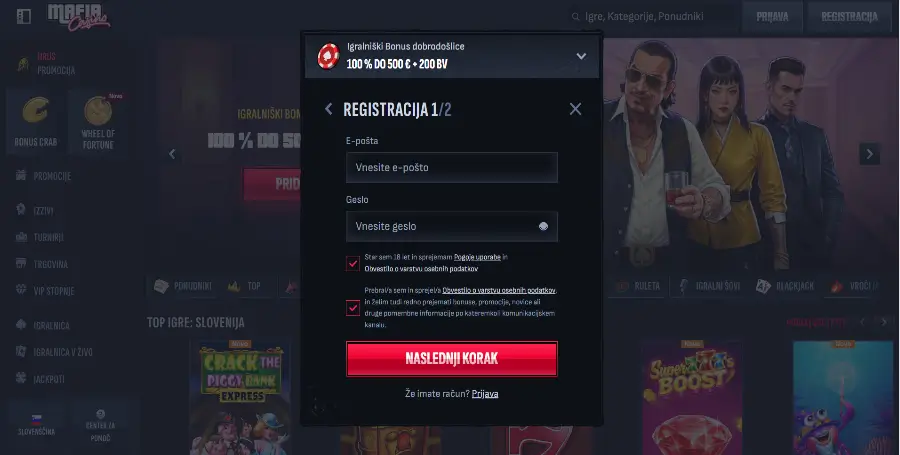 Registracija v Mafia Casino