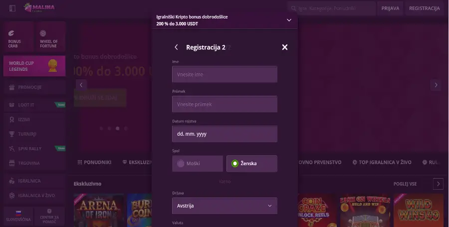 Registracija v Malina Casino