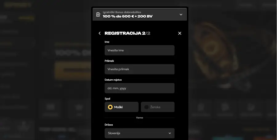 Registracija v Spinsy Casino