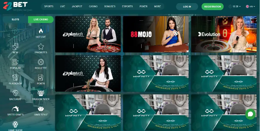 Prikaz Iger v Živo v 22Bet Casino