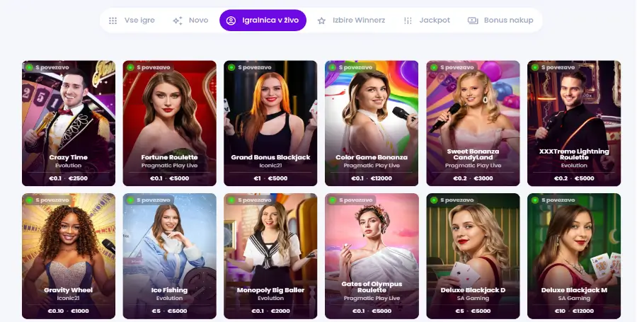 Prikaz Iger v Živo v Winnerz Casino