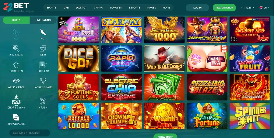 Prikaz Igralnih Avtomatov v 22Bet Casino