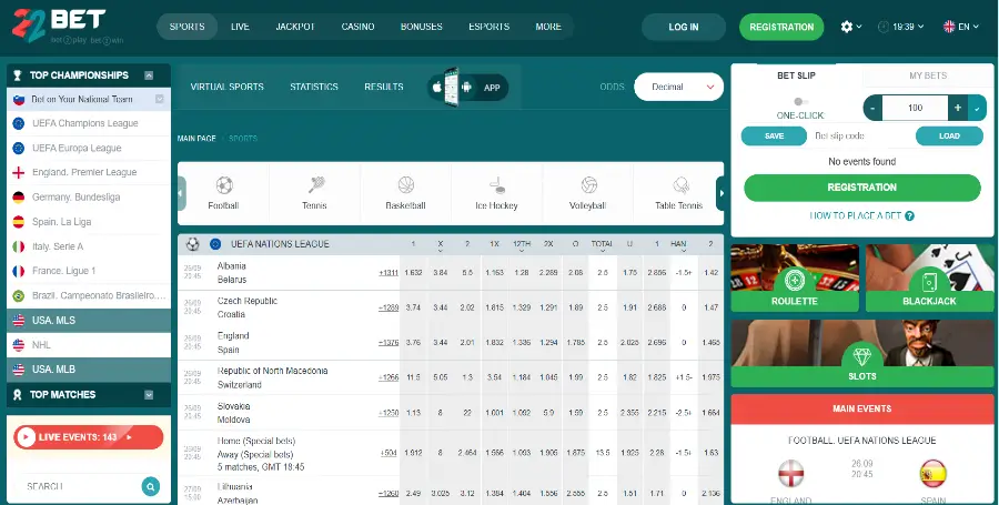 Prikaz Športne Stavnice v 22Bet Casino