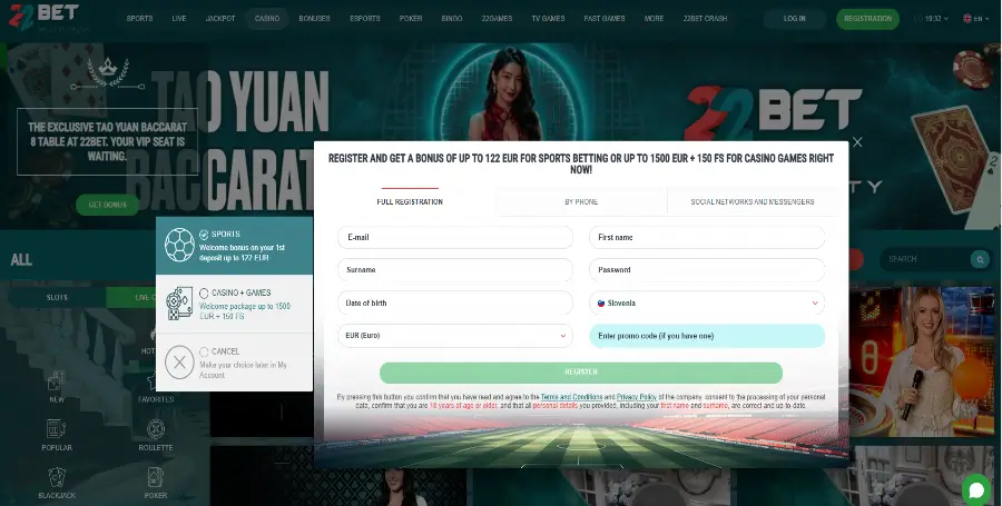 Registracija v 22Bet Casino