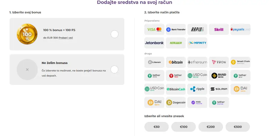 Prikaz Plačilnih Metod v Tsars Casino