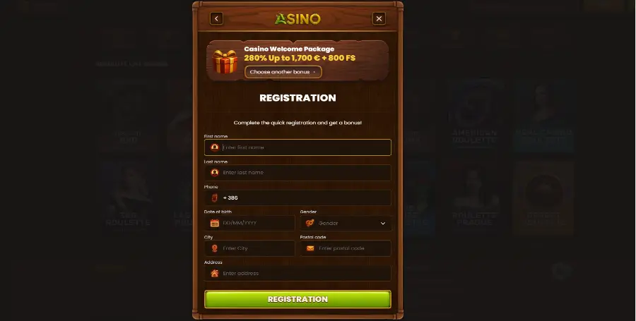 Registracija v Asino Casino
