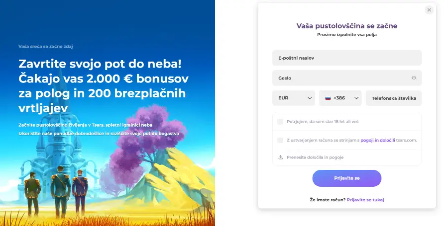 Registracija v Tsars Casino